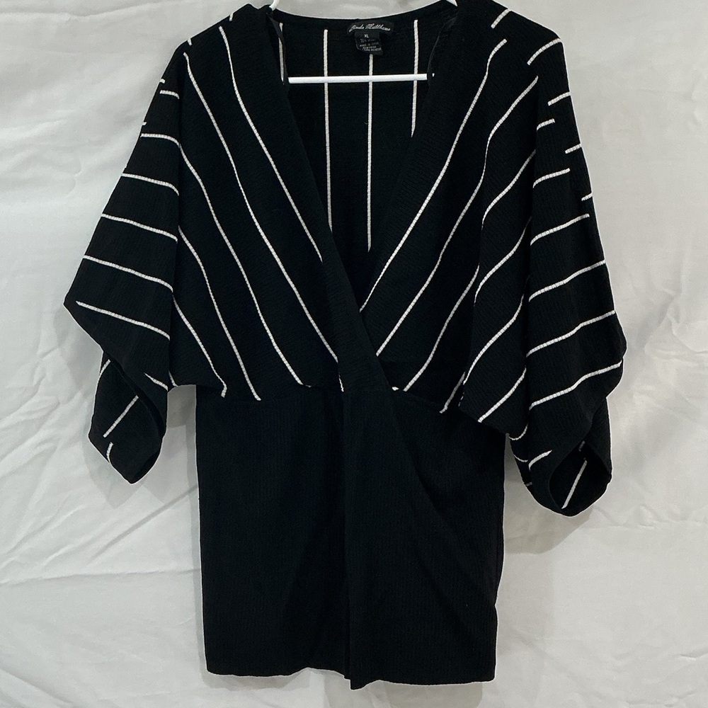 Black and White Striped Wrap Blouse